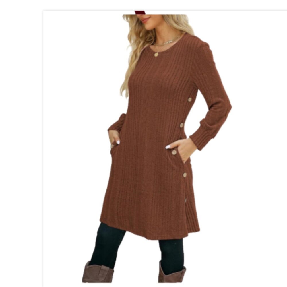 Kikibell Women’s Knit Sweater Dress Size L NEW Ribbed Button Side Pockets Brown